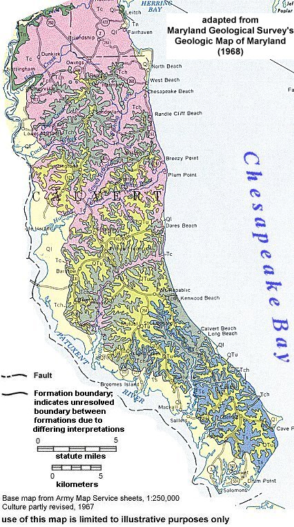 interactive map of calvert county geology. different formations are colored in and are clickable to open an inset window.