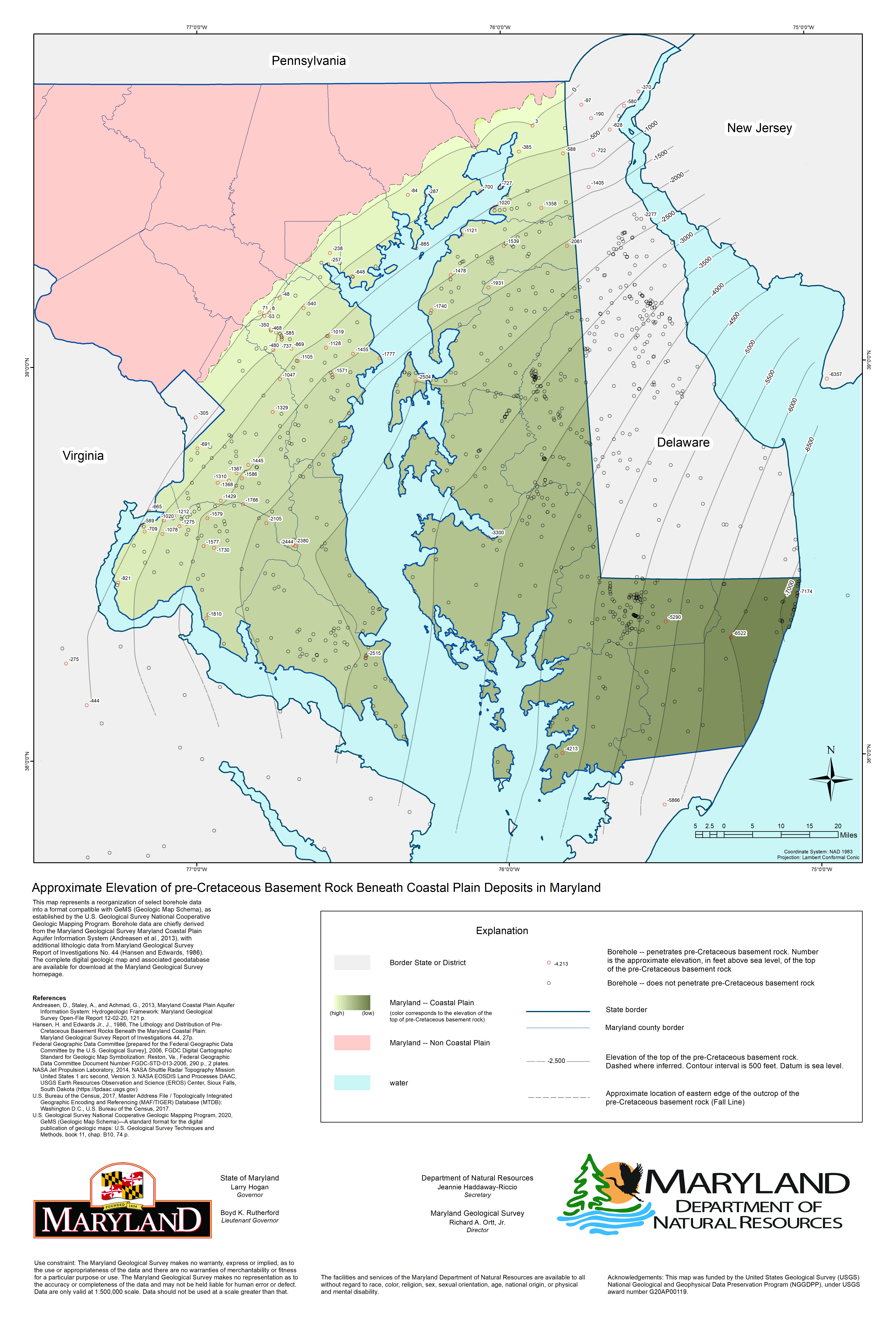 Approximate Elevation of pre-Cretaceous Basement Rock in the Maryland Coastal Plain
